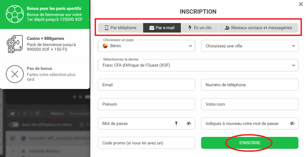 Créer un compte sur 888Starz
